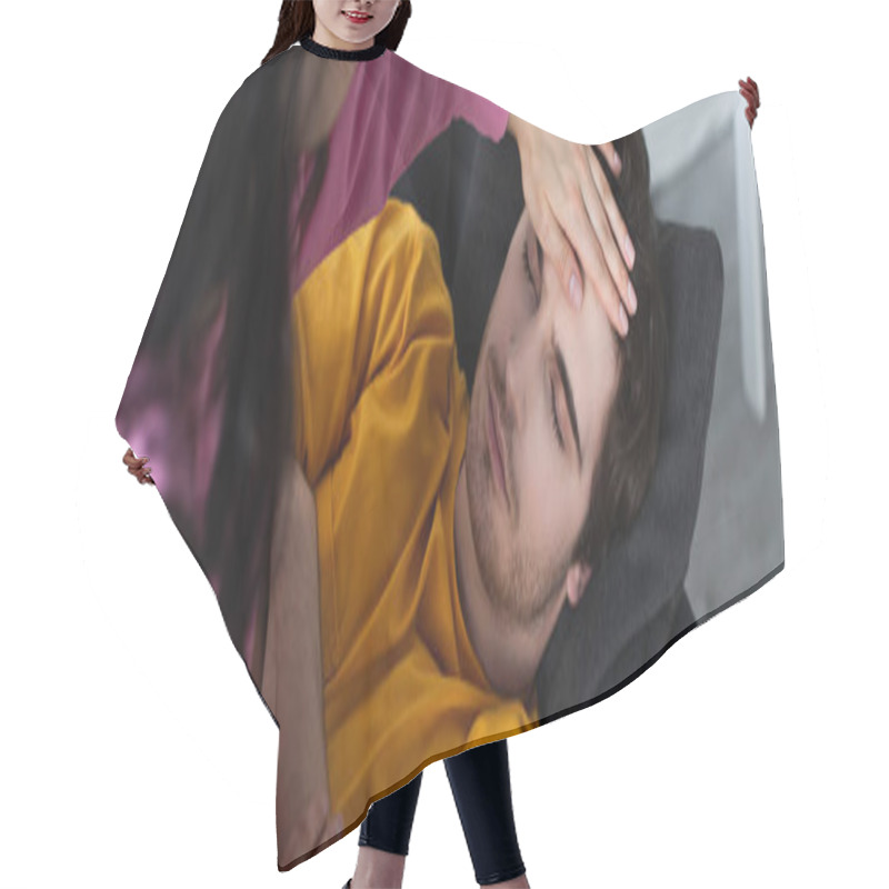 Personality  Young Woman Measuring Temperature With Palm On Forehead Of Sick Young Man Lying On Couch With Closed Eyes At Home, Banner Hair Cutting Cape