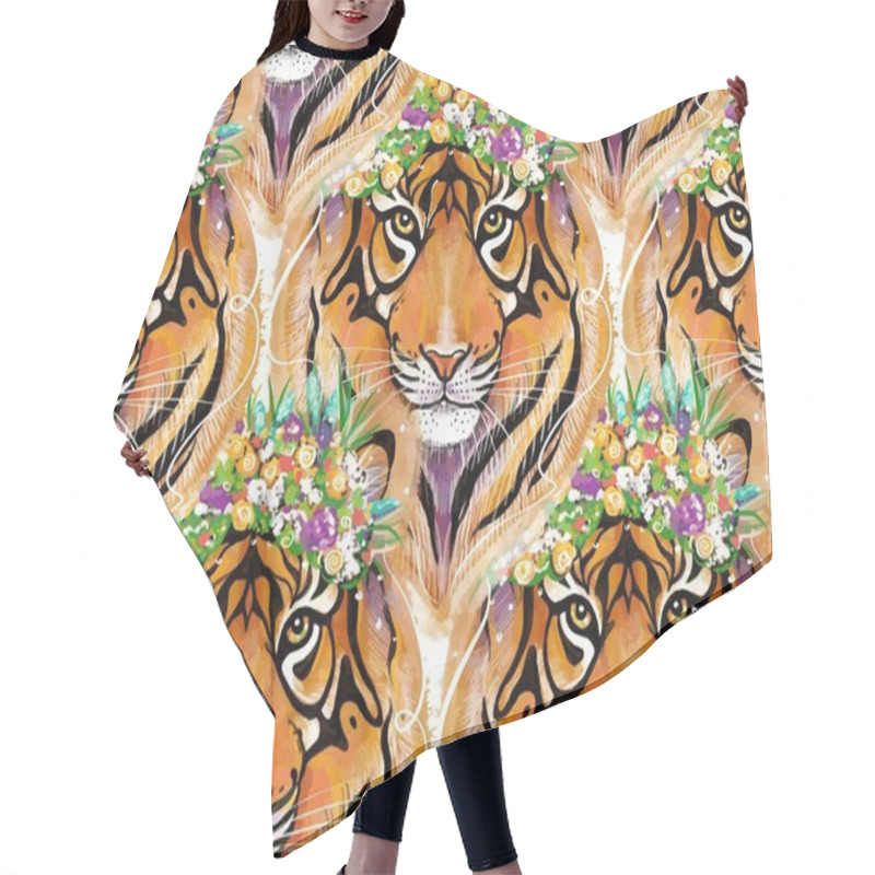 Personality  Seamless Pattern. A Tiger With A Flower Wreath On Its Head. Bright Youth Large Design. Hair Cutting Cape