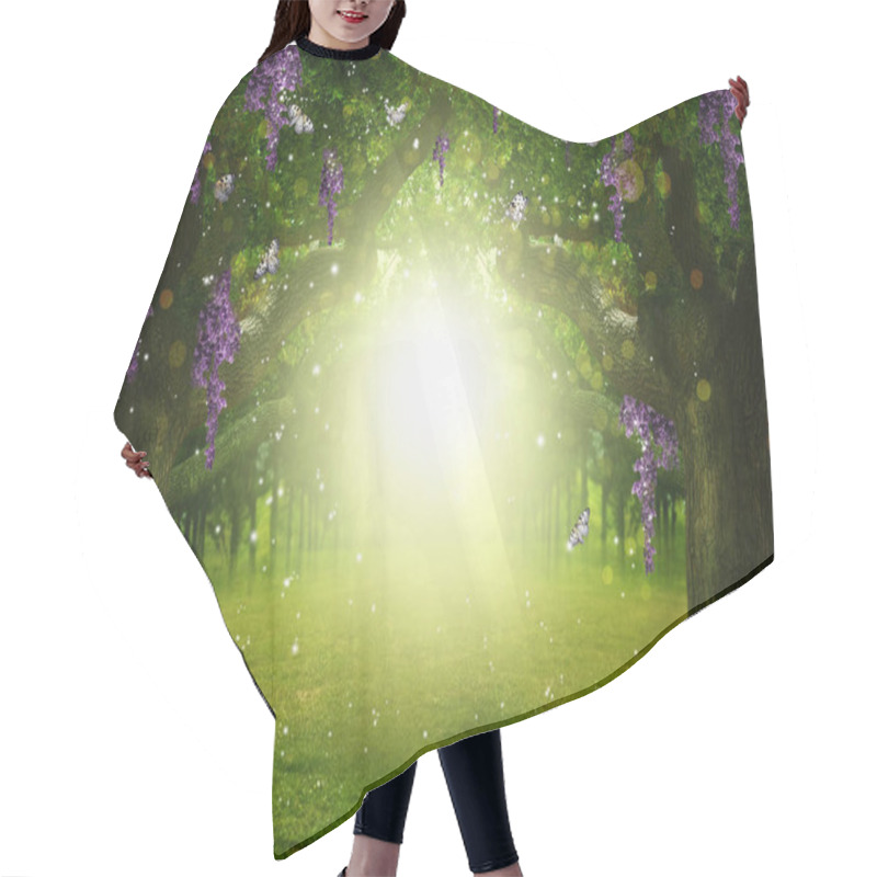 Personality  Fantasy World. Enchanted Forest With Beautiful Butterflies, Magic Lights And Sunlit Way Between Trees Hair Cutting Cape