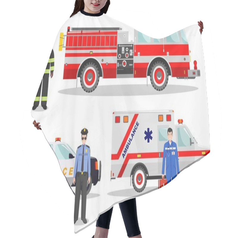 Personality  Emergency Concept. Detailed Illustration Of Firefighter, Doctor, Policeman With Fire Truck, Ambulance And Police Car In Flat Style On White Background. Vector Illustration. Hair Cutting Cape