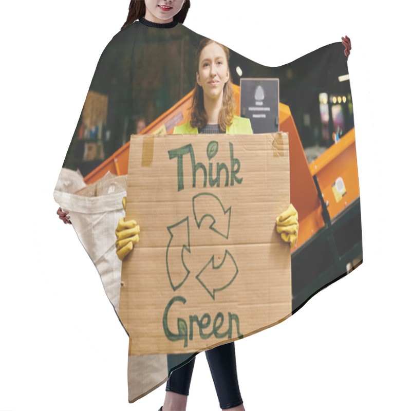 Personality  A Young Volunteer In Gloves And Safety Vest Advocating For Environmental Consciousness By Holding A Think Green Sign. Hair Cutting Cape