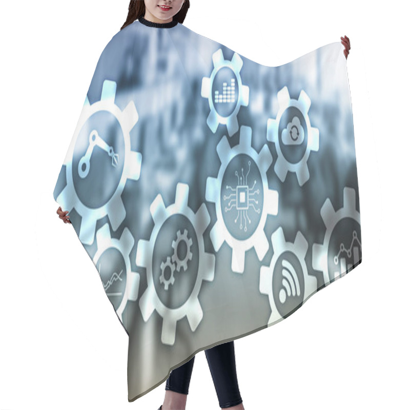 Personality  Automation Technology And Smart Industry Concept On Blurred Abstract Background. Gears And Icons. Hair Cutting Cape