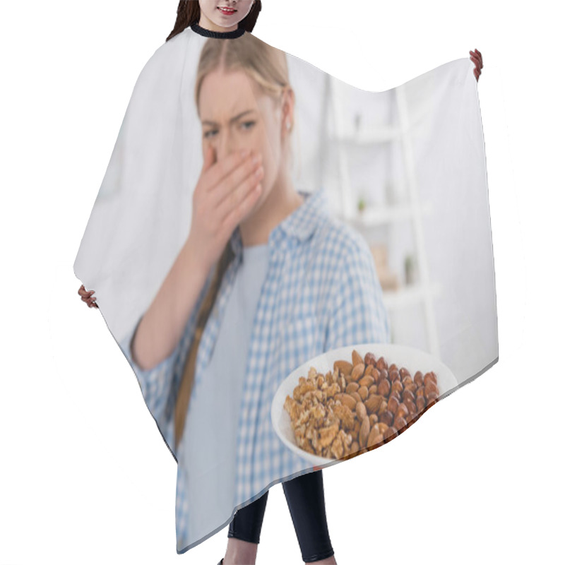 Personality  Plate With Nuts In Hand Of Woman With Allergy On Blurred Background  Hair Cutting Cape