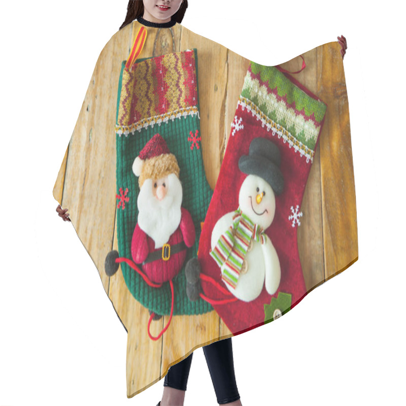 Personality  Christmas Decoration Stocking And Snow Flake Hanging Over Rustic Hair Cutting Cape