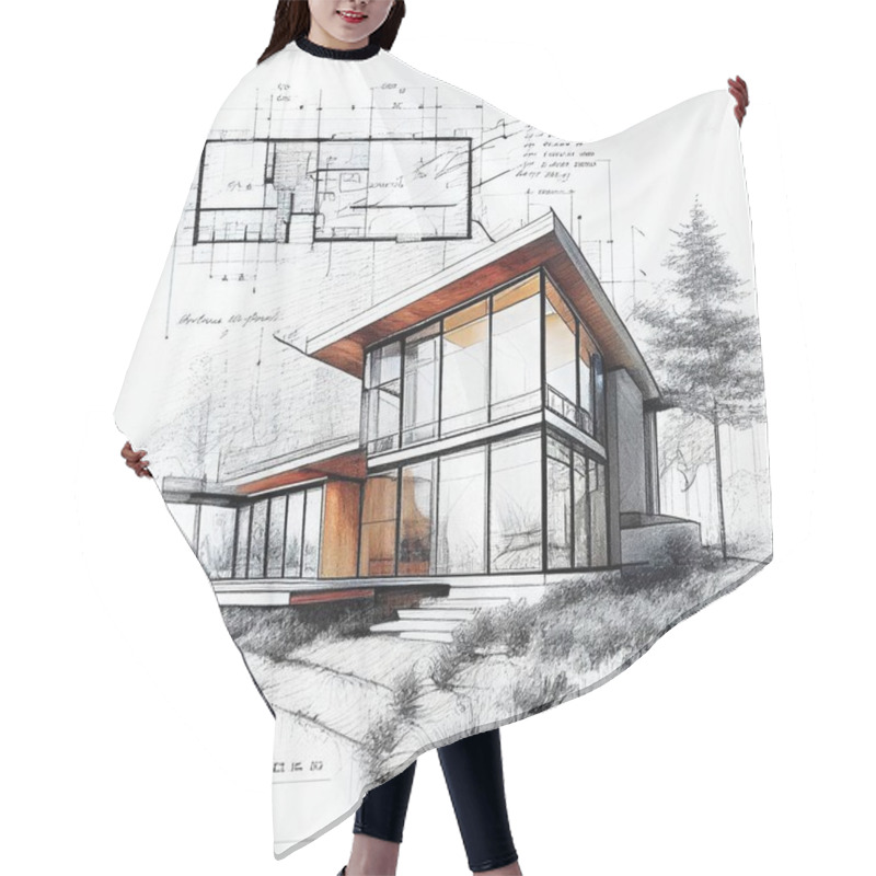 Personality  Architectural Sketch Of A New Double Storey Modern House. Painting Of A House Sketch. Technical Draw Of Modern Two Storey House. 3D Illustration. Hair Cutting Cape