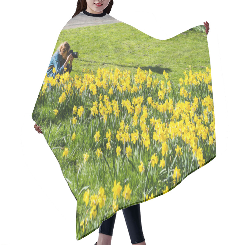 Personality  Girl With Camera Photographing Beautiful Yellow Daffodils Hair Cutting Cape