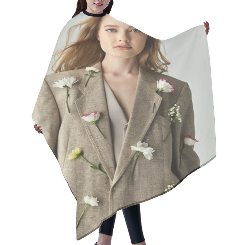 Personality  A Young Woman Smiles Softly As Flowers Accent Her Elegant Blazer. Hair Cutting Cape