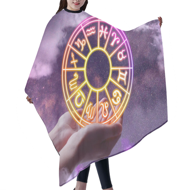 Personality  Astrology. Woman Holding Zodiac Wheel Against Starry Night Sky With Clouds, Closeup Hair Cutting Cape