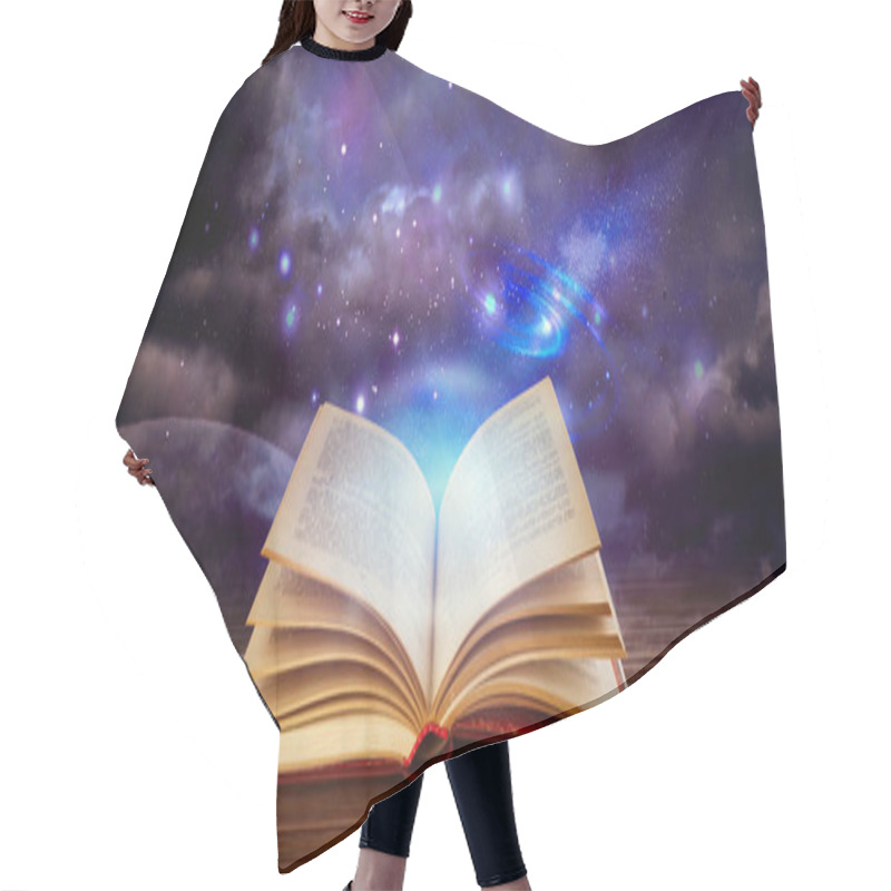 Personality  Wooden Table With Open Book And Beautiful Universe On Background Hair Cutting Cape