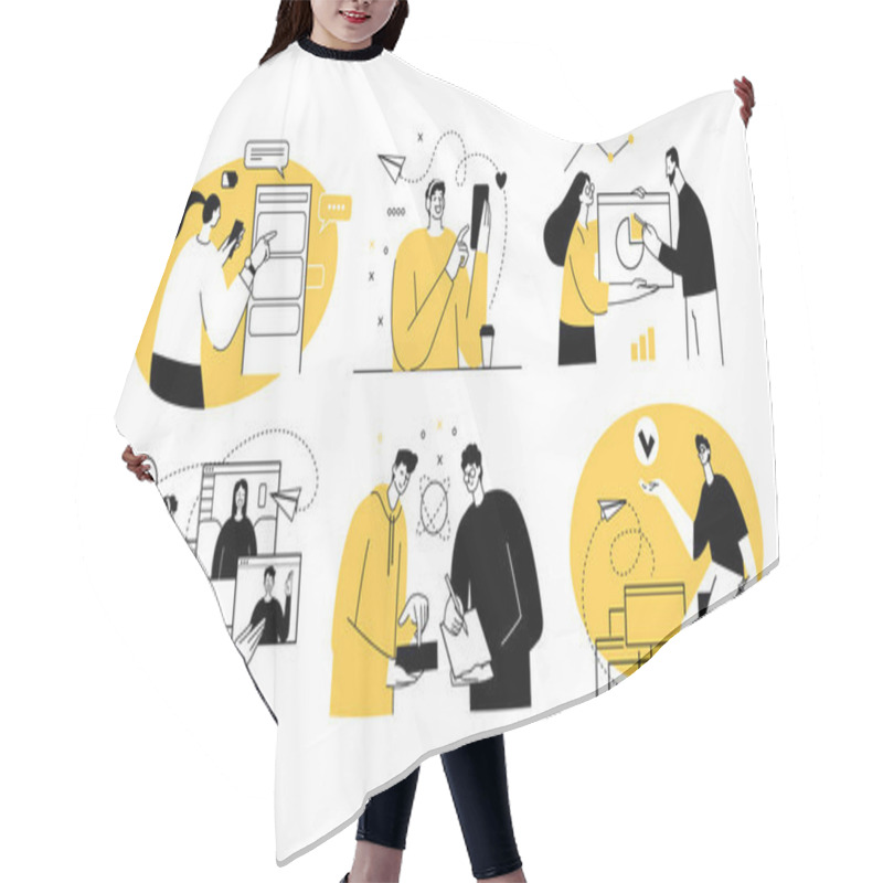 Personality  Set Of 6 Illustrations Remote Work Concept. Home Office With Men And Women Taking Part In Business Activity. Outline Vector Illustration. Hair Cutting Cape