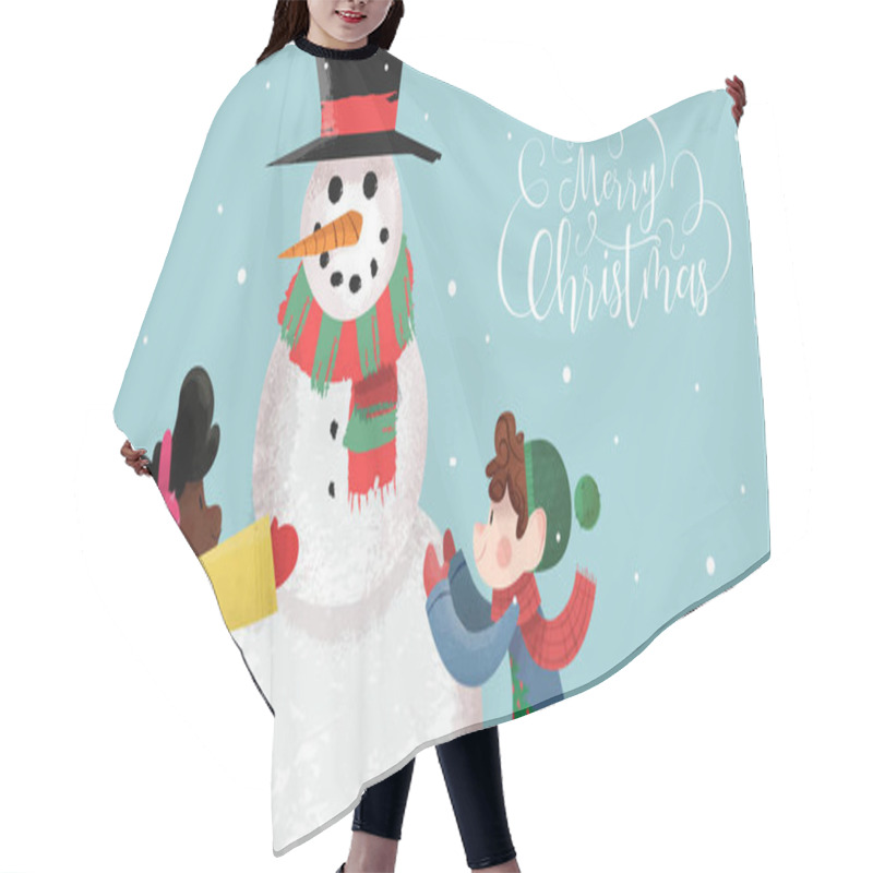 Personality  Christmas Card Of Happy Children Making Snowman Hair Cutting Cape