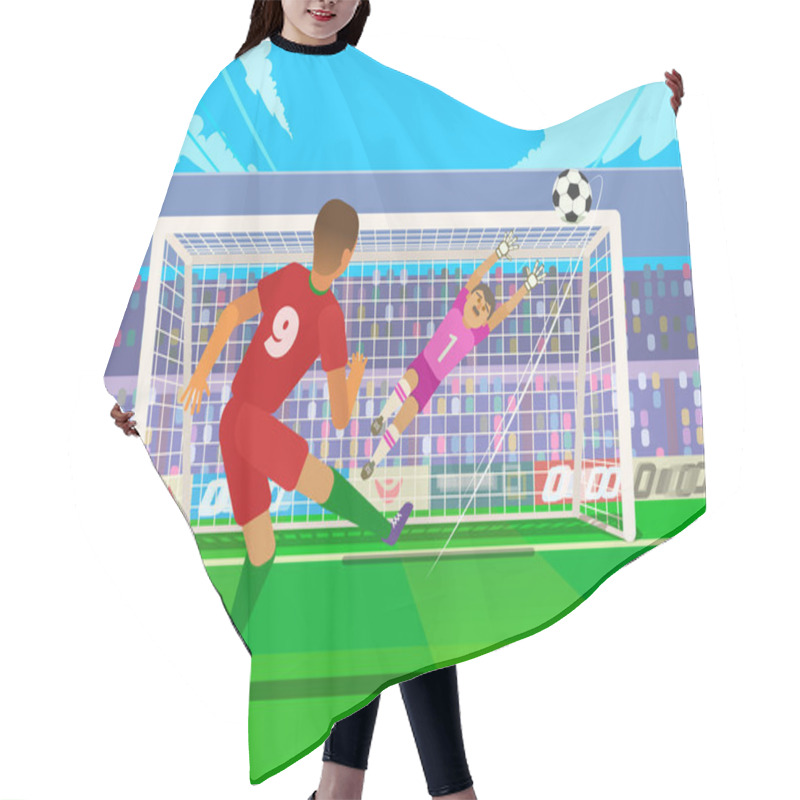 Personality  Penalty Soccer Players Defending The Gates. Sportswear Flat Design. Men On Football Stadium Wearing Blue Boots With Blue Socks, Green Shorts. Football Player Kicking Penalty Hair Cutting Cape