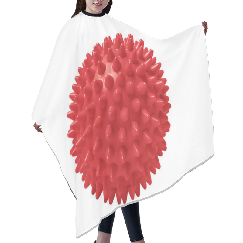 Personality  Red Plastic Spiny Massage Ball Isolated On White. Concept Of Physiotherapy Or Fitness. Closeup Of A Colorful Rubber Ball For Dog Teeth On A White Color Background. Corona Virus Model Hair Cutting Cape