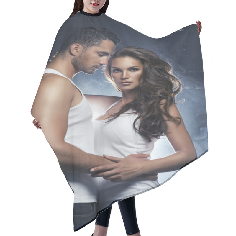 Personality  Beautiful Young Smiling Couple In Love Embracing Indoor Hair Cutting Cape