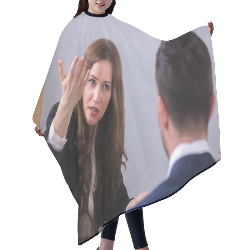 Personality  Young Businesswoman Scolding Her Male Colleague In Office Hair Cutting Cape