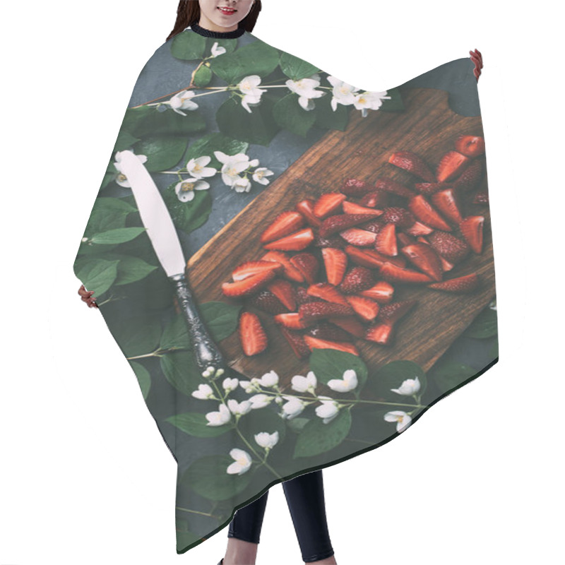 Personality  Top View Of Beautiful Jasmine Flowers, Sliced Strawberries On Wooden Cutting Board And Knife Hair Cutting Cape