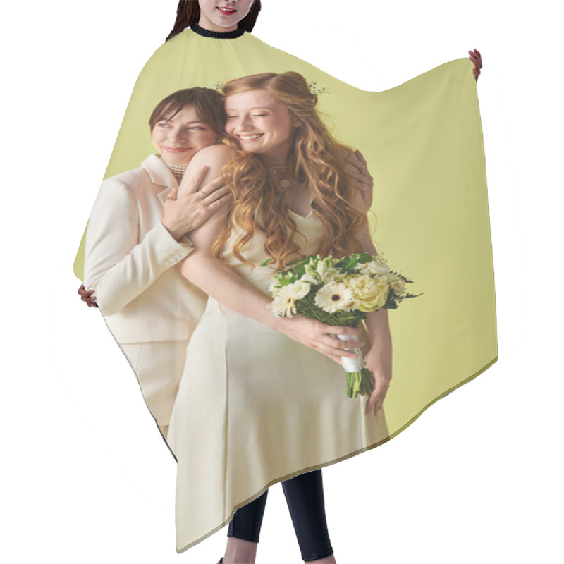 Personality  A Lesbian Couple In White Wedding Attire Embrace In Front Of A Green Backdrop. Hair Cutting Cape