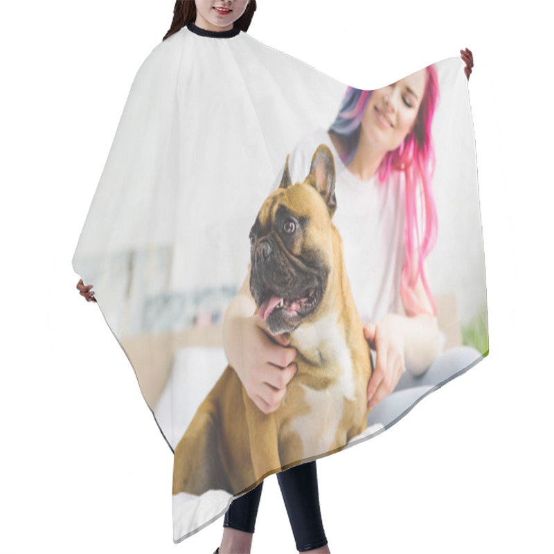 Personality  Selective Focus Of Girl Sitting On Bed And Petting Cute Bulldog Looking Away Hair Cutting Cape