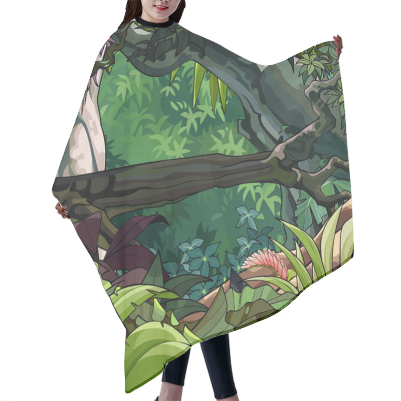 Personality  Cartoon Tropical Forest With A Tumbled Down Tree And Lush Growing Plants Hair Cutting Cape