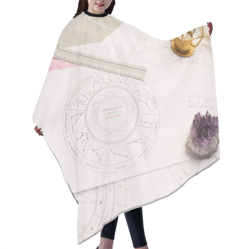 Personality  Zodiac Wheels And Natal Charts For Astrological Predictions On Table, Closeup Hair Cutting Cape