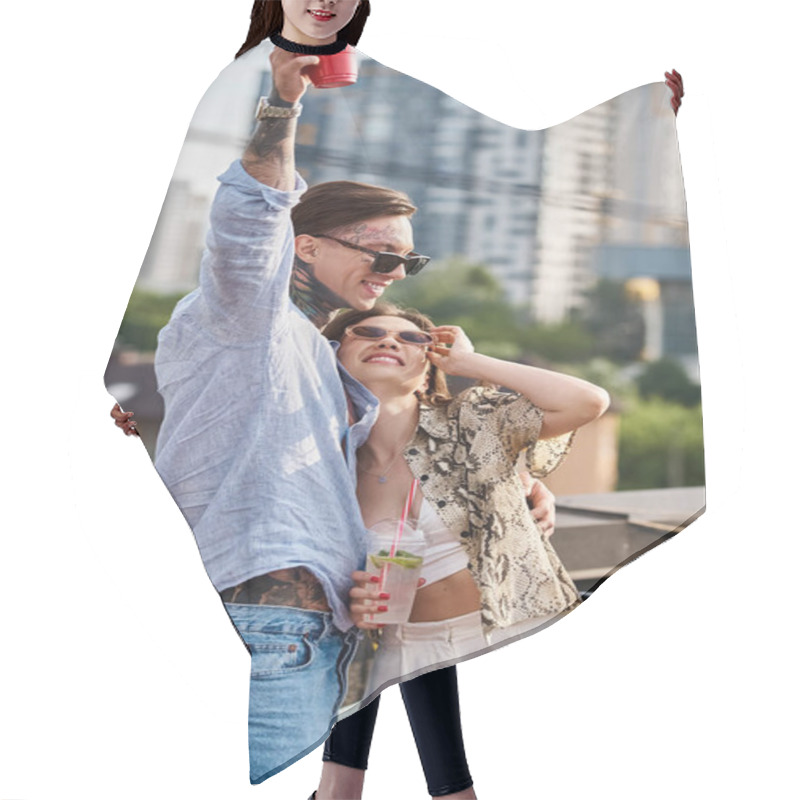 Personality  Young Joyful Friends With Trendy Sunglasses Having Great Time At Rooftop Party With Cocktails Hair Cutting Cape