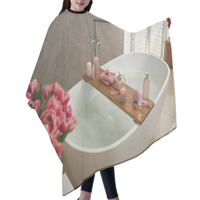 Personality  Wooden Bath Tray With Candles And Personal Care Products On Tub Indoors Hair Cutting Cape