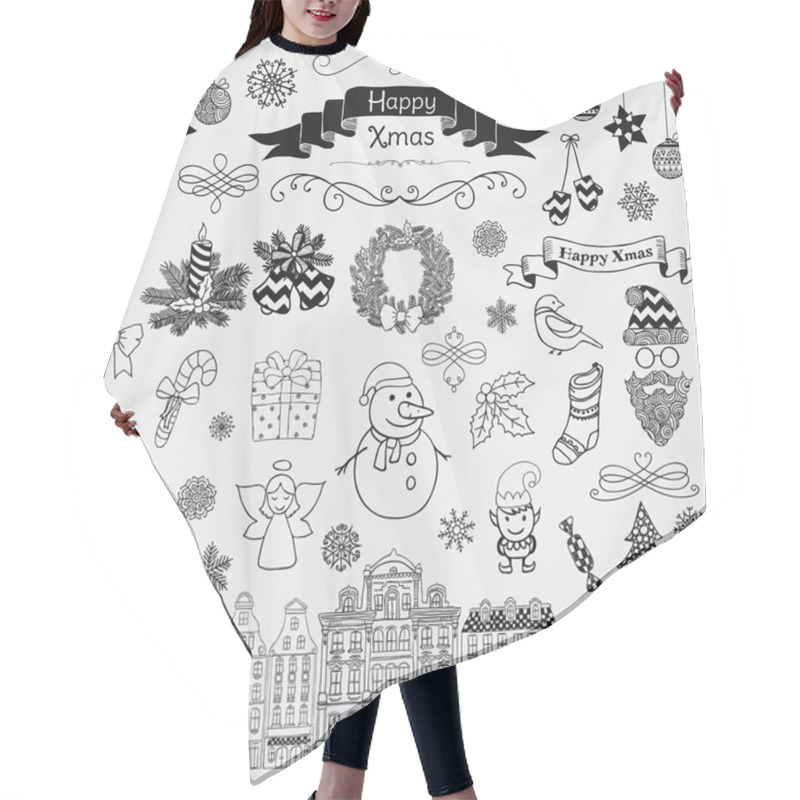 Personality  Set Of Hand Drawn Artistic Christmas Doodle Icons. Hair Cutting Cape