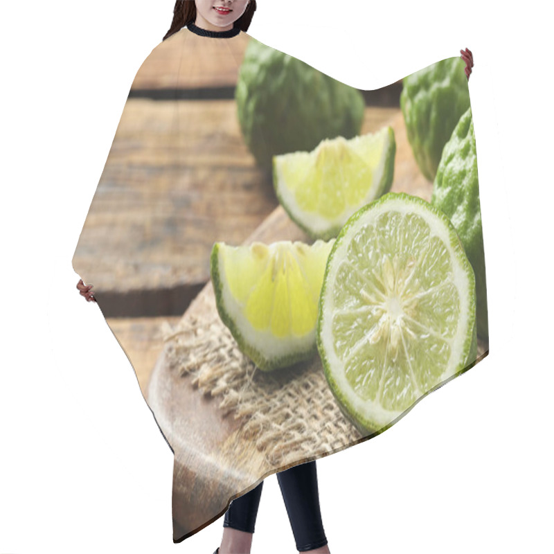 Personality  Fresh Ripe Bergamot Fruits On Wooden Table, Space For Text Hair Cutting Cape