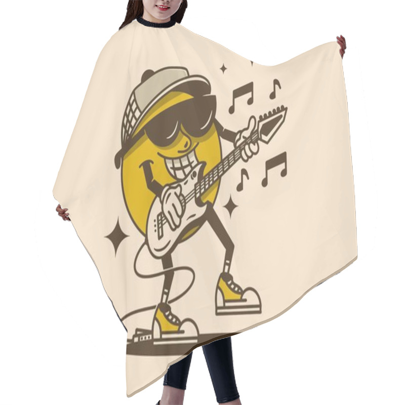 Personality  Mascot Character Design Of A Yellow Ball Playing Rock Music With Guitar Hair Cutting Cape