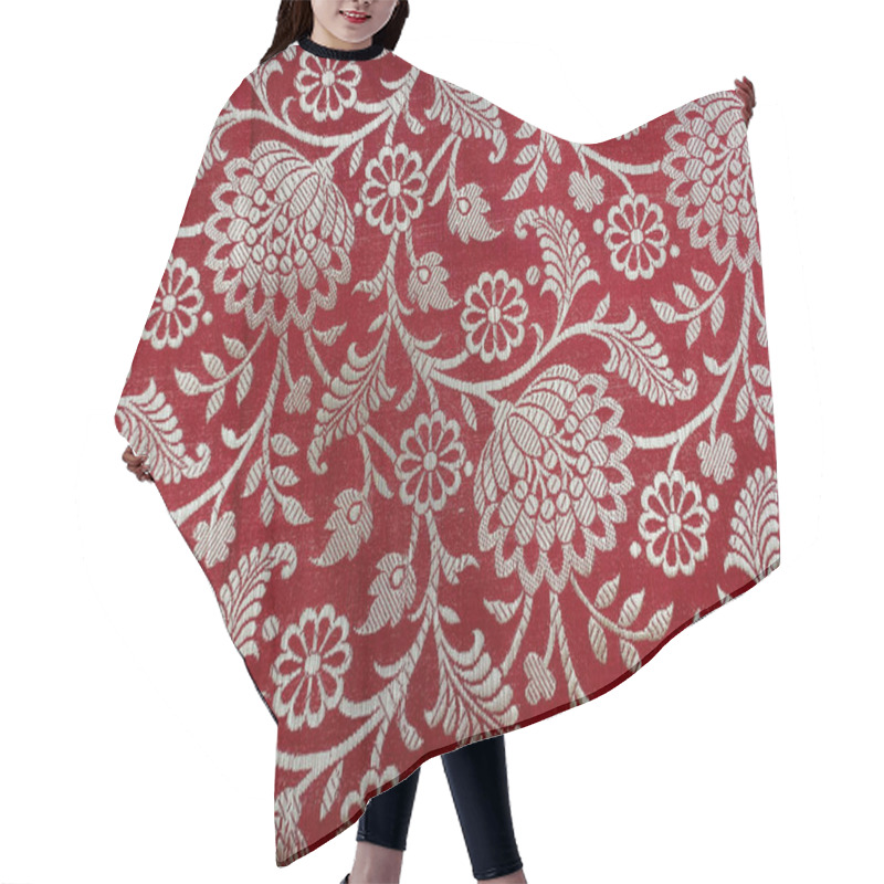 Personality  Luxurious Red Silk Fabric Is Adorned With An Exquisite Floral Brocade Design, Intricately Woven With Golden Threads. Hair Cutting Cape