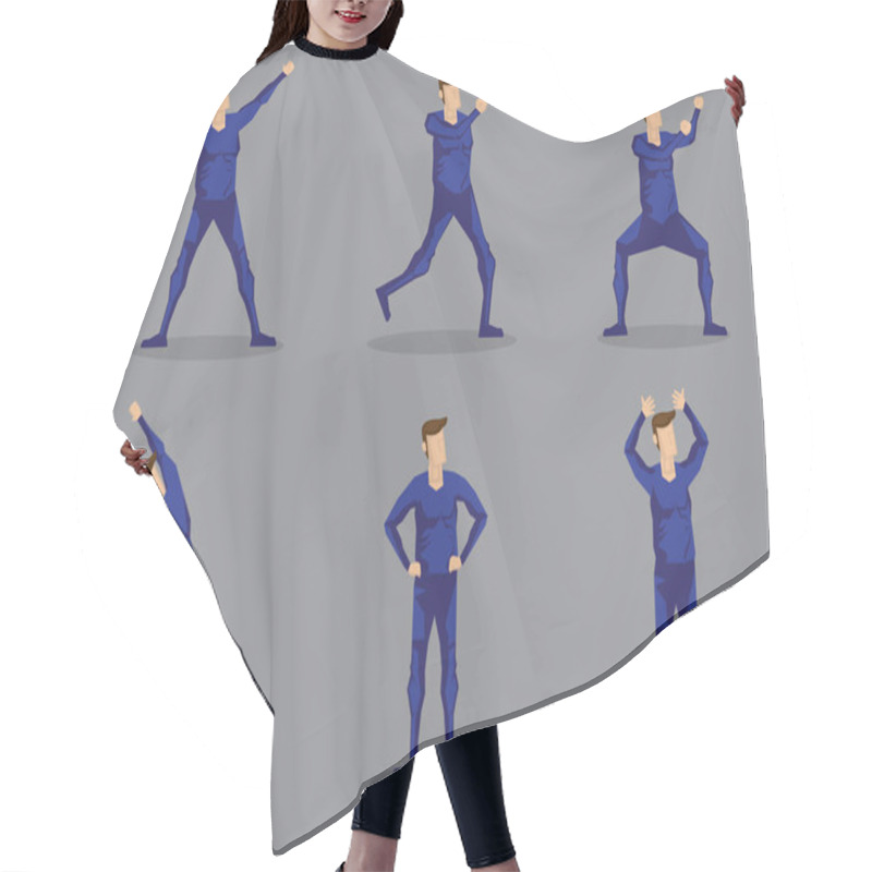 Personality  Set Of Six Vector Illustrations Of Cartoon Man In Blue One-piece Skin-tight Activewear Isolated On Grey Background. Hair Cutting Cape