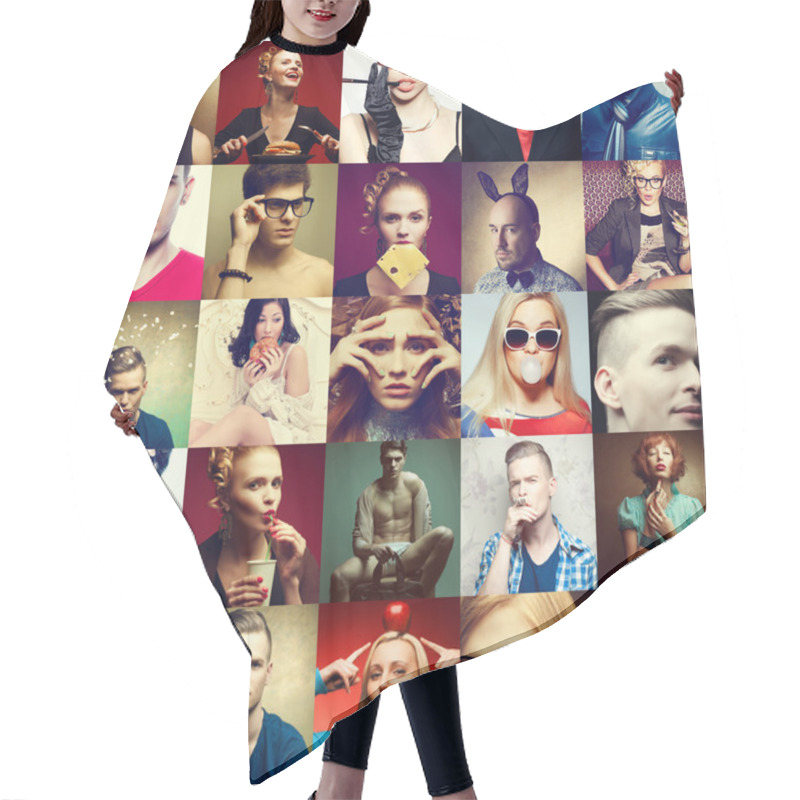 Personality  Hipster People Concept. Collage (mosaic) Of Fashionable Men, Wom Hair Cutting Cape