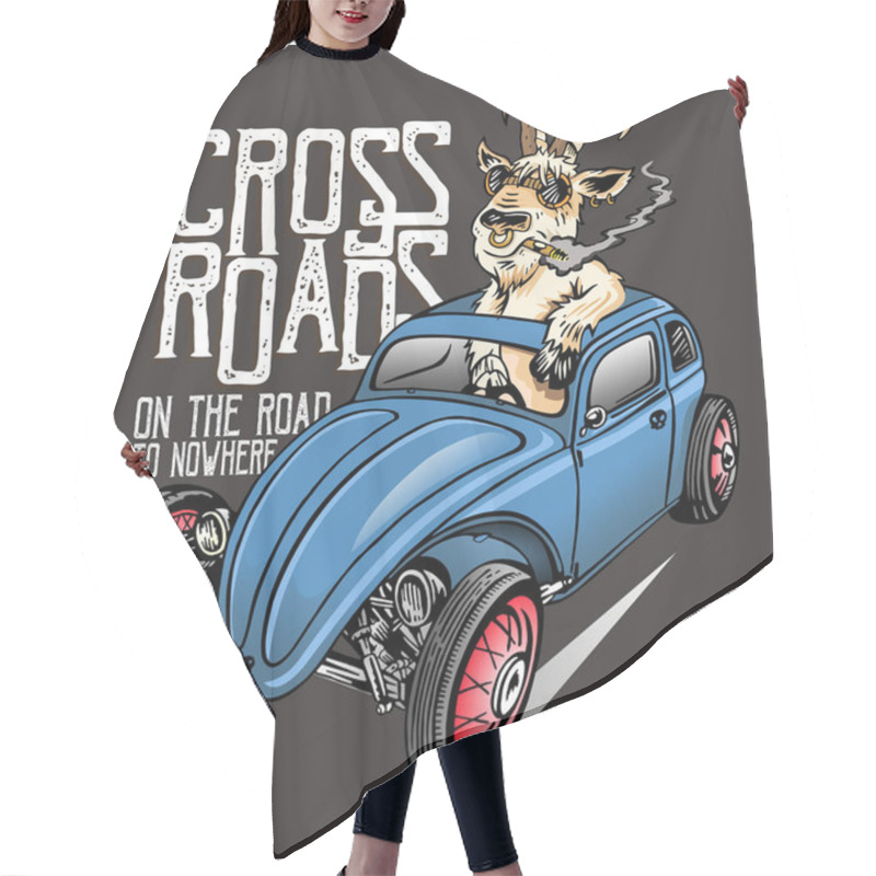 Personality  Illustration Of Old, Modified Car Driven By A Goat In Cartoon Style. Hot Rods Style Art. Design For Posters And T-shirt Prints. Hair Cutting Cape