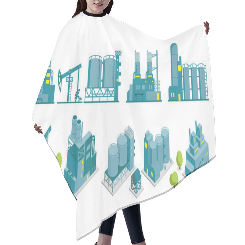 Personality  Set Of Isometric End 2D Factory Illustration Oil Production Hair Cutting Cape