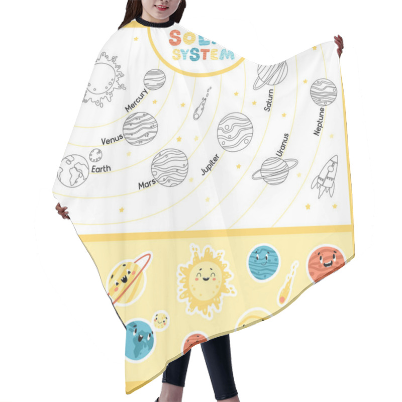 Personality  Solar System. Educational Childish Game With Stickers. The Sun And Nine Planets In Sequence. Space Childish Illustration With Funny Faces. Vector Cartoon Hand-drawn Characters. Hair Cutting Cape