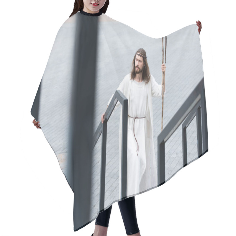 Personality  High Angle View Of Jesus In Robe And Crown Of Thorns Walking On Stairs With Staff Hair Cutting Cape