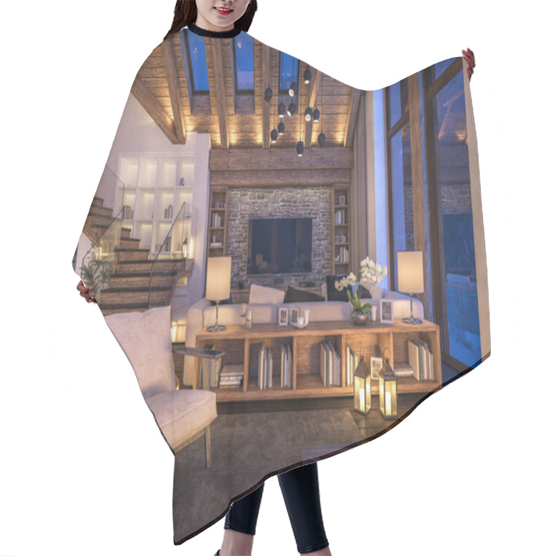 Personality  3D Rendering Of Evening Living Room Of Chalet Hair Cutting Cape