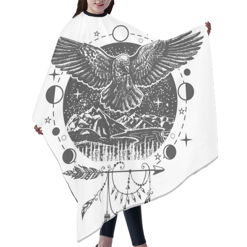 Personality  Vector Black Raven Tattoo Or T-shirt Print Design Hair Cutting Cape