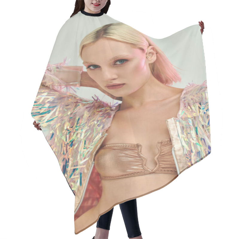 Personality  A Stylish Young Woman Showcases Her Unique Holographic Fashion. Hair Cutting Cape