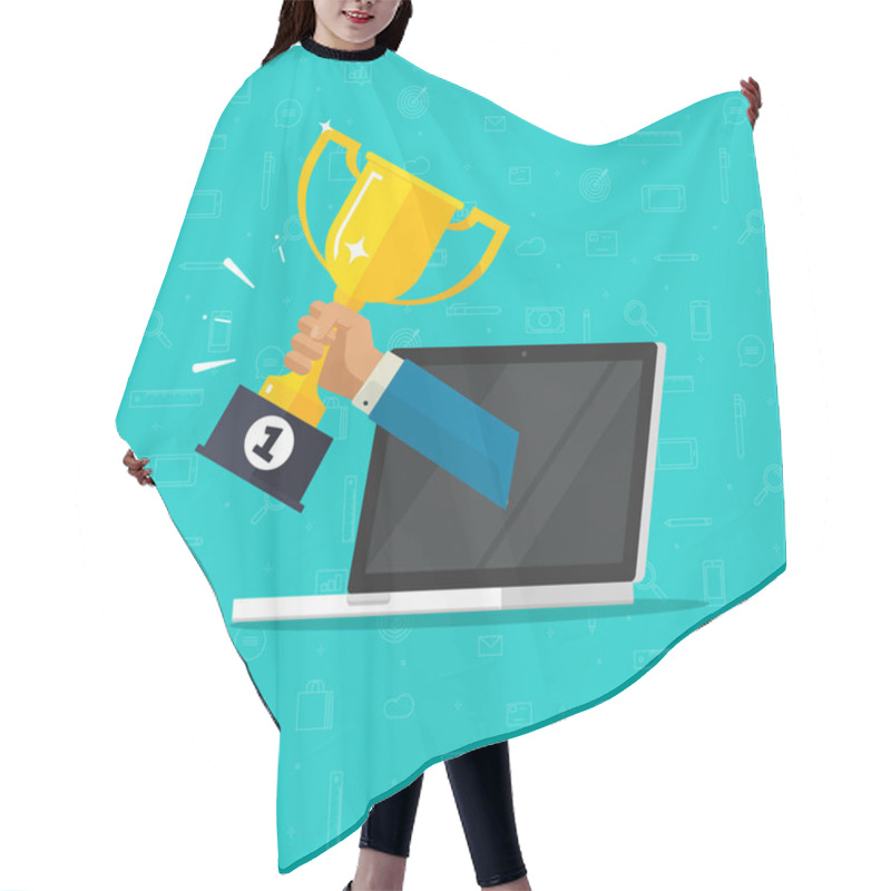 Personality  Online Award Goal Achievement Vector, Flat Cartoon Laptop Computer And Success Winner Golden Cup Prize, First Place Victory, Competition Winner, Digital Electronic Reward, Internet Web Champion Hair Cutting Cape