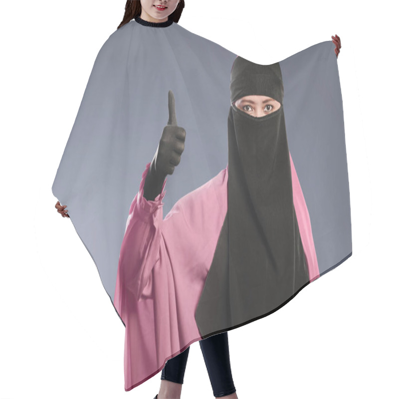 Personality  Woman In Hijab Showing Fine Sign Hair Cutting Cape