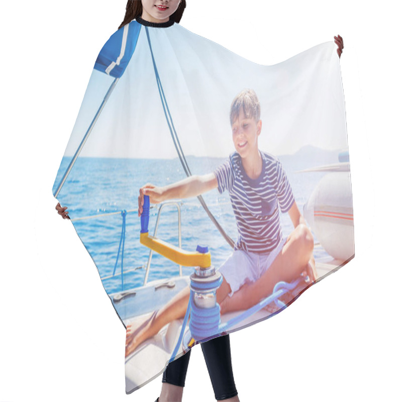 Personality  Little Boy On Board Of Sailing Yacht On Summer Cruise. Travel Adventure, Yachting With Child On Family Vacation. Hair Cutting Cape