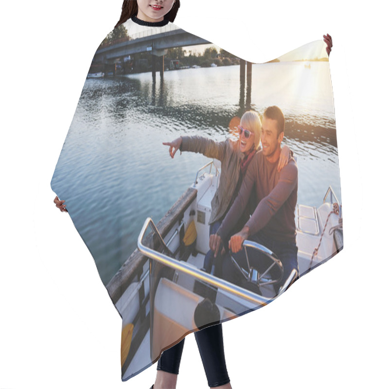 Personality  Portrait Of Happy Young Man On Boat Hair Cutting Cape