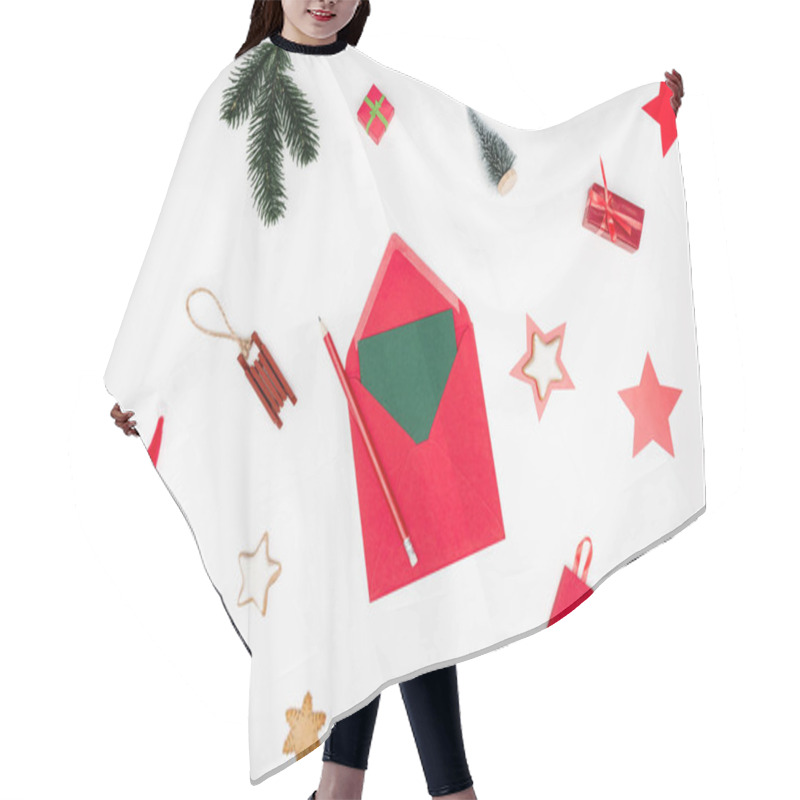 Personality  Top View Of Red Envelope With Card And Pencil Near Christmas Baubles And Baked Stars On White Hair Cutting Cape