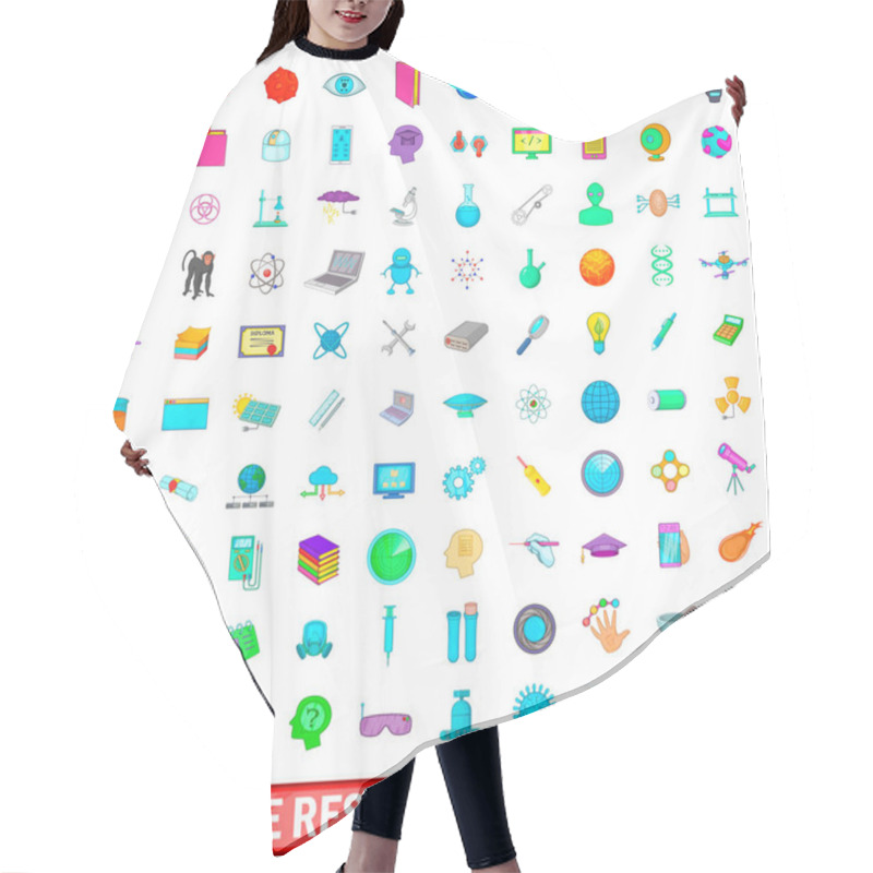 Personality  100 Science Research Icons Set, Cartoon Style Hair Cutting Cape