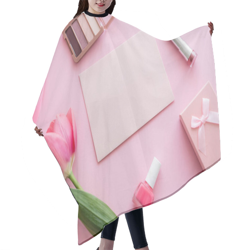 Personality  Top View Of Tulip Near Decorative Cosmetics, Envelope And Gift Box On Pink Hair Cutting Cape