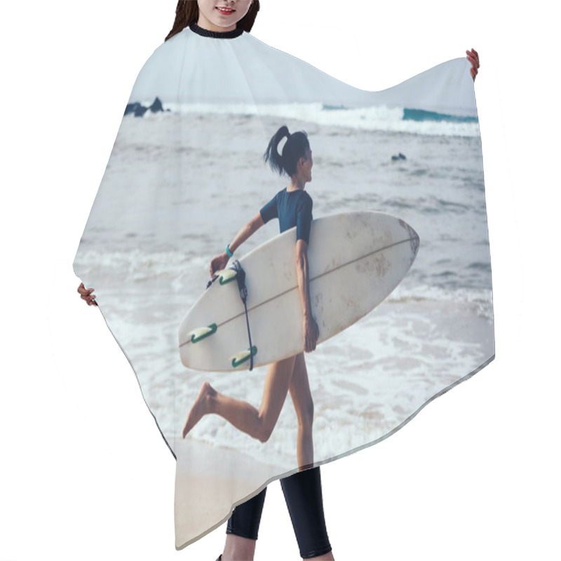 Personality  Surfer Woman With Surfboard On Sandy Beach  Hair Cutting Cape