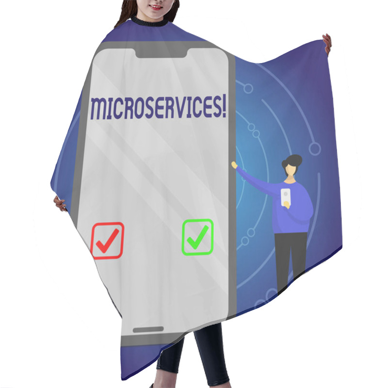 Personality  Writing Note Showing Microservices. Business Photo Showcasing Software Development Technique Decomposing An Application Man Presenting Huge Smartphone While Holding Another Mobile. Hair Cutting Cape