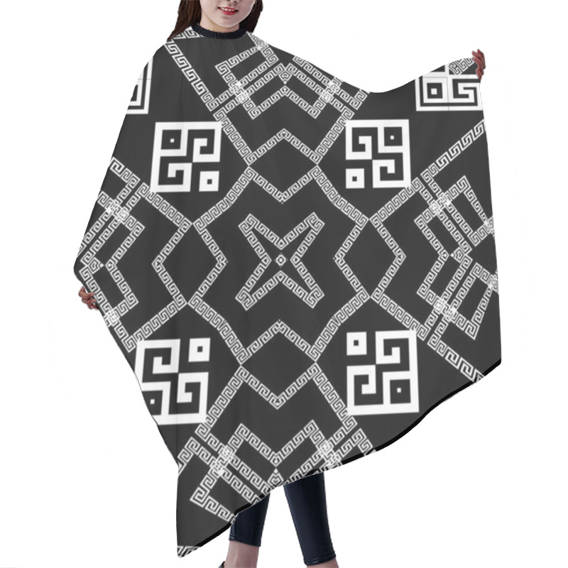 Personality  Black And White Greek Geometric Seamless Pattern. Ethnic Tribal Style Ornamental Abstract Background. Geometry Repeat Backdrop. Greek Key Meanders Ornaments With Geometrical Shapes. Modern Design Hair Cutting Cape