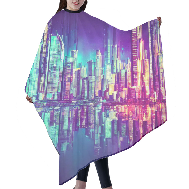 Personality  Night City, Neon Lights Of The Metropolis. Reflection Of Neon Lights In The Water. Modern Fantasy City With High-rise Buildings. City On The Ocean. 3d Illustration Hair Cutting Cape